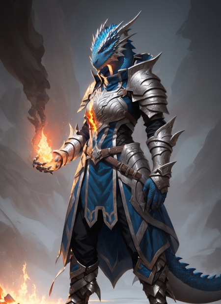 22072210-1650465309-blue dragonborn, solo, blue eyes, female, standing, tail, female focus, hand up, armor, coat, glowing, fire, shoulder armor, gau.png